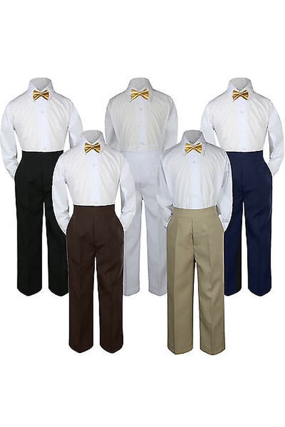 3pc Mustard Yellow Bow Tie Suit Shirt Pants Set Baby Boy Toddler Kid Uniform S-7