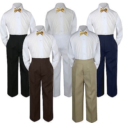 3pc Mustard Yellow Bow Tie Suit Shirt Pants Set Baby Boy Toddler Kid Uniform S-7