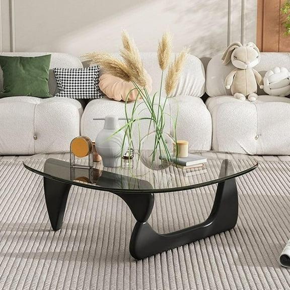 Glass Coffee Table Triangle Simple Modern Coffee Table Vintage Glass and Solid Wood Base Decor End Table for Living Room Patio Office (Black Transparent, Small 32.2 * 22.4 * 16in)