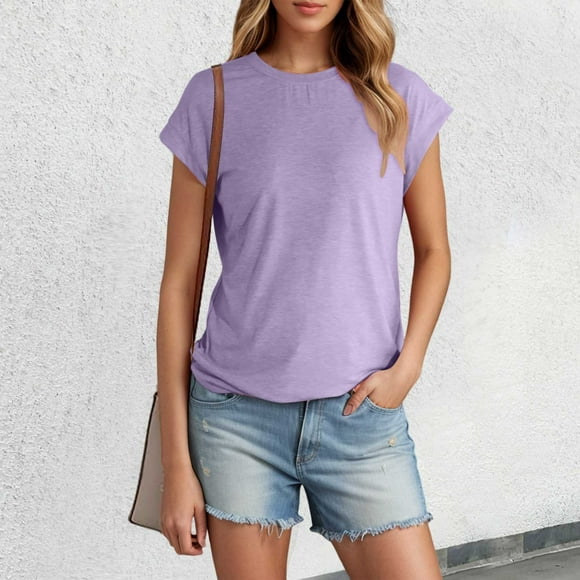 MKLEKYY Playeras Mujer Camiseta De Verano De Manga Corta Para Mujer, Color Liso, Con Mangas Cubiertas Talla XXL
