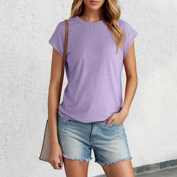 MKLEKYY Playeras Deportivas Mujer Camiseta De Verano De Manga Corta Para Mujer, Color Liso, Con Mangas Cubiertas Talla M