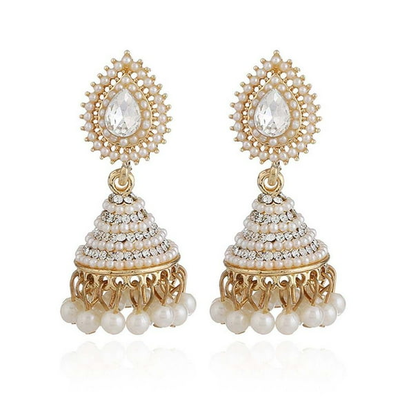 1 Pair Retro Indian Bell Earrings Girls wedding earrings Retro Pearl Crystal Pendant Drop Ear Stud Women Girls Wedding Dangle Party Jewelry