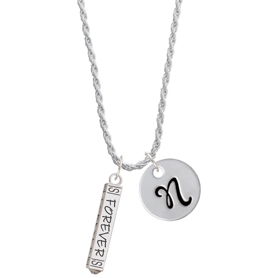 Delight Jewelry Silvertone Forever Bar Silvertone Script Initial Disc - N - Charm Necklace, 20"+3"
