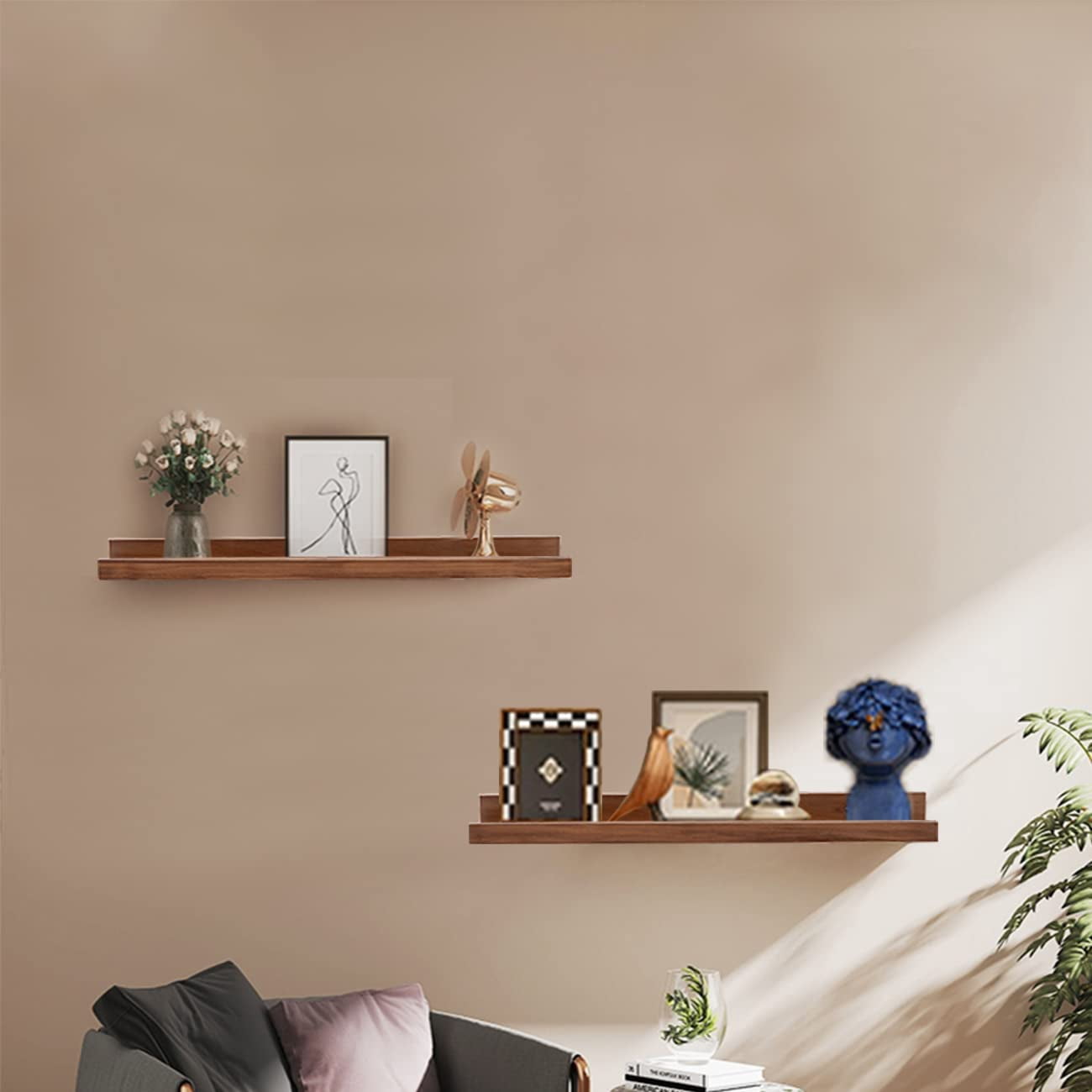 Floating Book Shelves Light Fair Pale Walnut Rustic Picture Photo Ledge Wall Mounted Wooden Display Shelf For Bathroom Bedroom Kitchen 24 Inch A Set Of 2