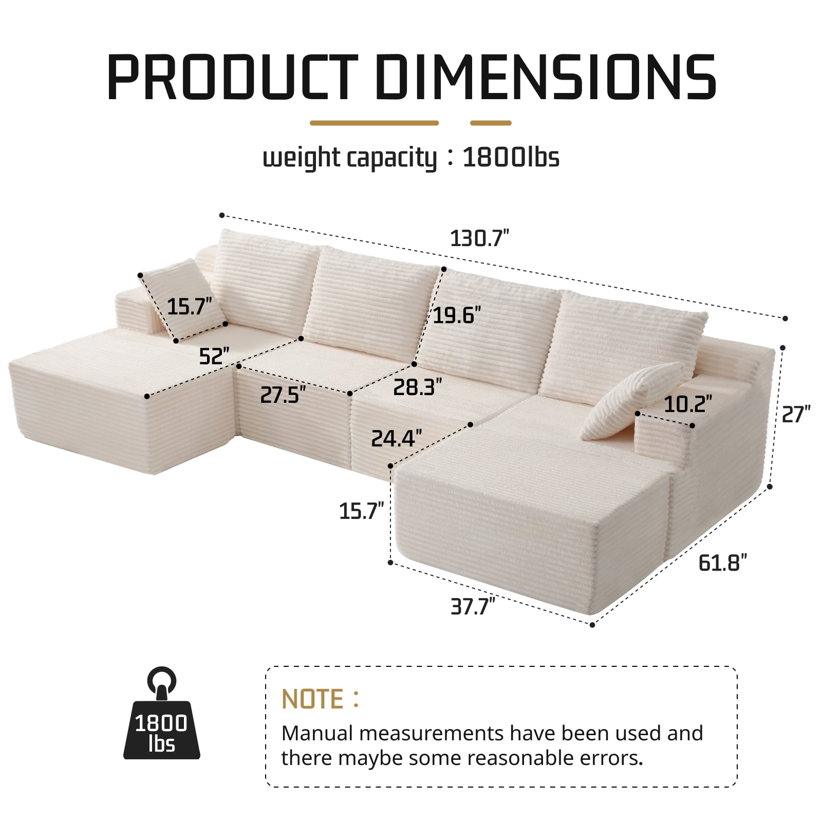 131" Oversized U Shaped Boneless Modular Sectional Sofa with 2 Ottoman and 6 Pillows