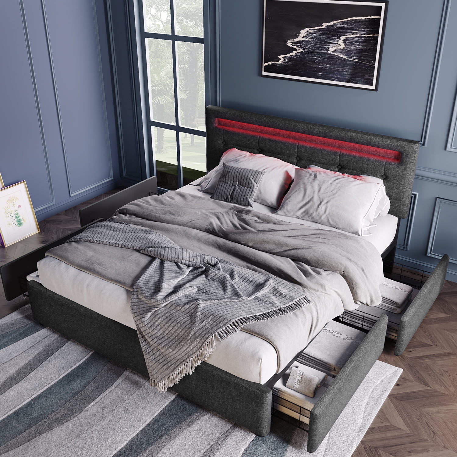 Kadyn Bed Frame Full Size, Upholstered Platform Bed Frame with 4 Storage Drawers and LED Lights & Adjustable Headboard,No Box Spring Needed,Grey