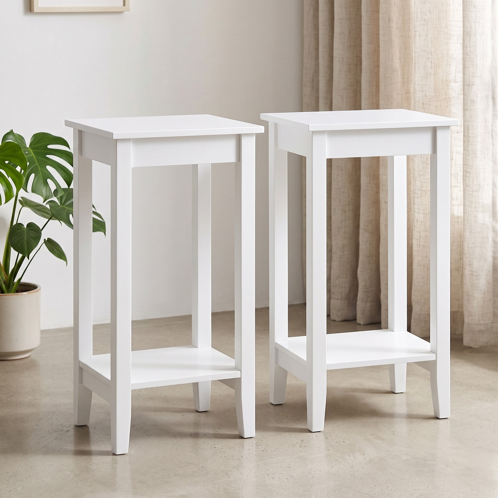 Furnibear Set of 2 2-Tier End Tables with Storage Shelf, Narrow Wood Nightstand Side Table for Living Room Bedroom Small Spaces, Sofa Couch Bedside Accent Table, White