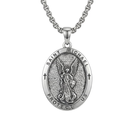 MYSTICPOEM Saint Michael Necklace Religious Protector Pendant St Michael Archangel Jewelry Gifts for Men Women (02-St Michael (Oval2))