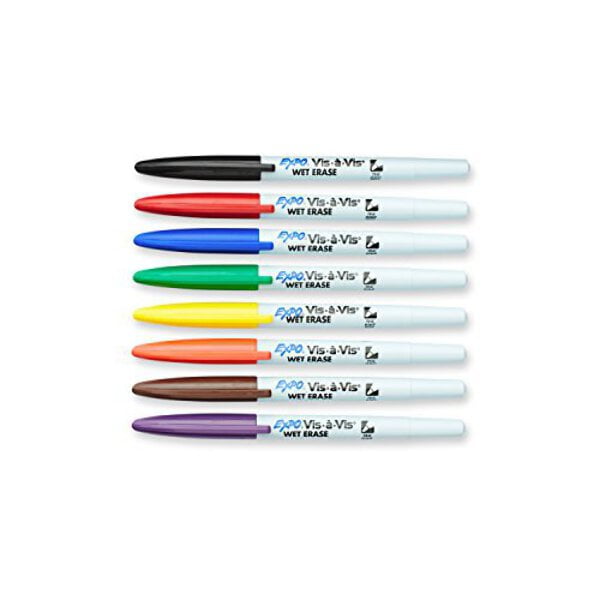 EXPO 16078 Vis-A-Vis Wet-Erase Overhead Transparency Markers, Fine Point, Assorted Colors, 8-Count