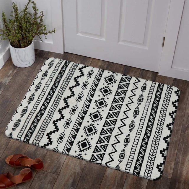 Qucyy Boho Geometric Washable Area Rug - 2x3 Entryway Small Throw Rug Non-Slip Accent Distressed Rugs Floor Carpet for Door Mat Bathroom Bedroom Kitchen Living Room Rug (2x3,Black & Off-White)