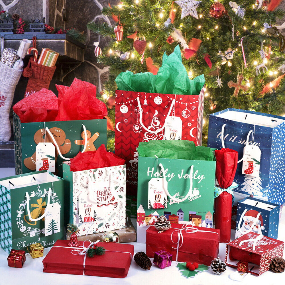 28pcs Christmas Kraft Gift Bags Set Christmas Prints Bags with 24 Tissue Papers 
