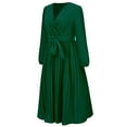 thumbnail image 6 of New Long Sleeved Slim Pleated Belt V Neck Dress Dresses of Women Womens Plain Dress Dress Summer Casual Dresses for Woman Short Casual Dress for Women Long Dress for Women Casual Girls Knee Length, 6 of 7