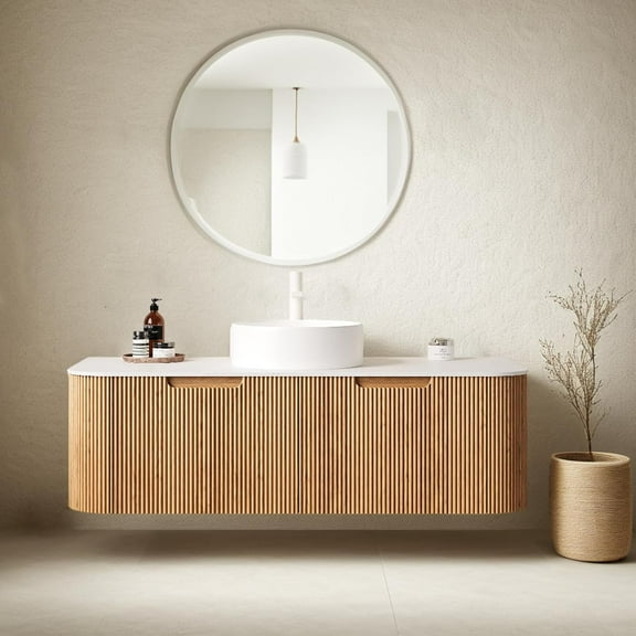 48" Bathroom Vanity with Sink, Floating Plywood Bathroom Vanities with Ultra-Thin Ceramic Basin and Marble Top, 2 Large Soft-Closing Storage Drawers, Pre-Assembled Cabinet, Nature Wood