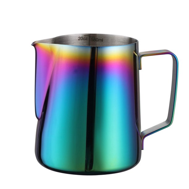 Joytata Jarra para espumar leche, taza de acero inoxidable de 20 oz, perfecta para cafetera Latte Art, cafetera espresso, capuchino, jarra para espumar leche de acero inoxidable 18/8, jarra humeante,
