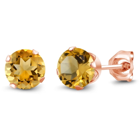 Gem Stone King 0.90 Ct Round 5mm Yellow Citrine 18K Rose Gold Plated Silver Stud Earrings for Women Men