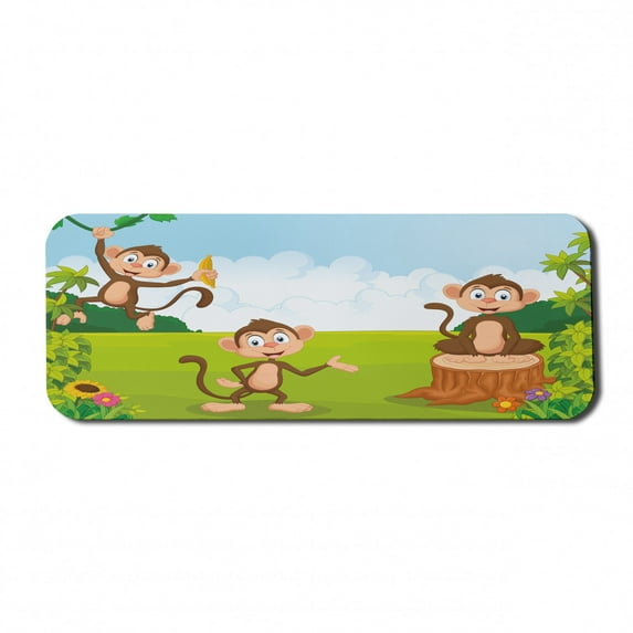 Cartoon Computer Mouse Pad, 3 Monkeys Playing in a Tropical Forest Banana Africa Safari Nature, Rectangle Non-Slip Rubber Mousepad Large, 31" x 12" Gaming Size, Pale Blue Brown Green, by Ambesonne