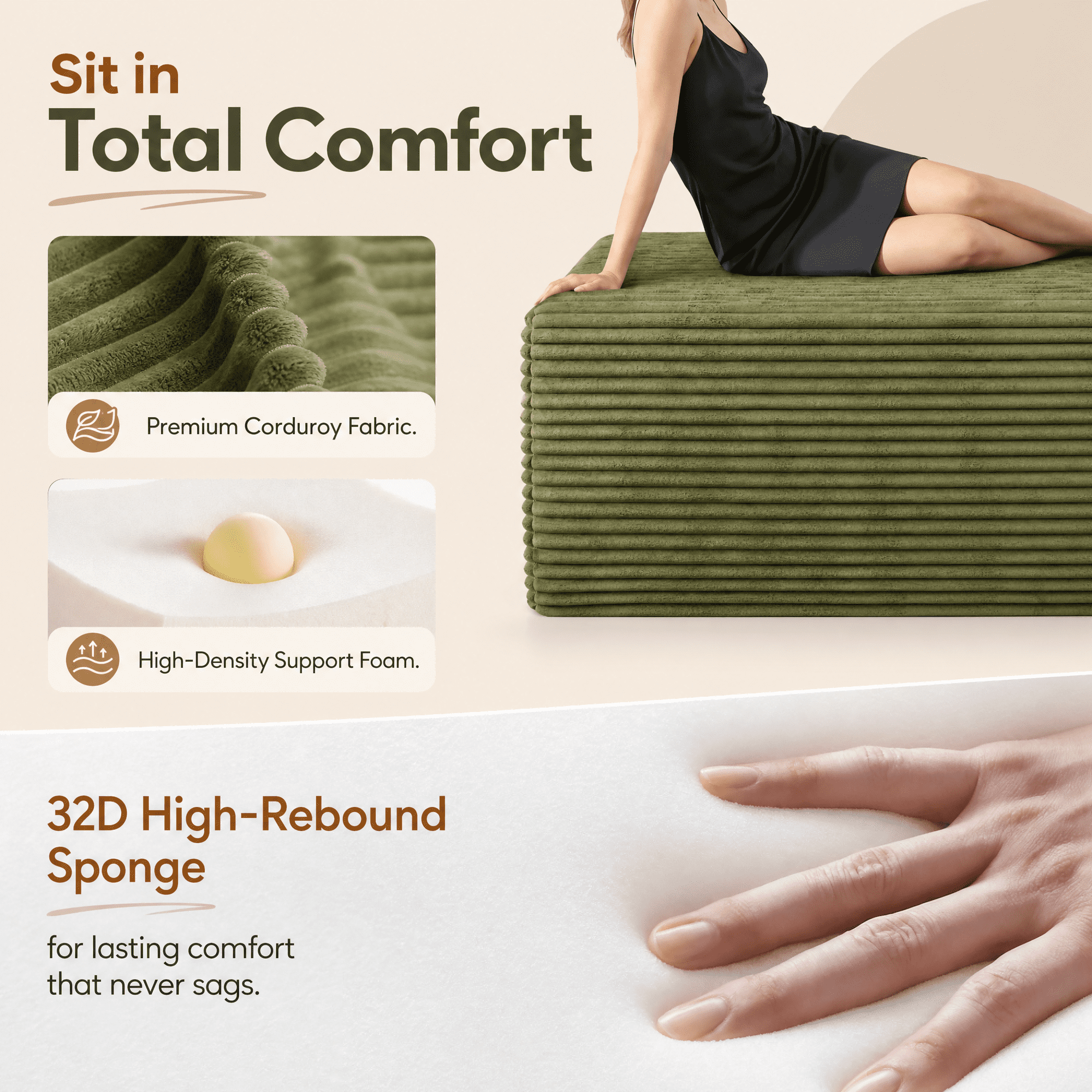 Large Oversized Corduroy Ottoman Footrest for Sofa Large Rectangle Floor Bench Extra Seating Coffee Table for Living Room, No Assembly (Sage Green)