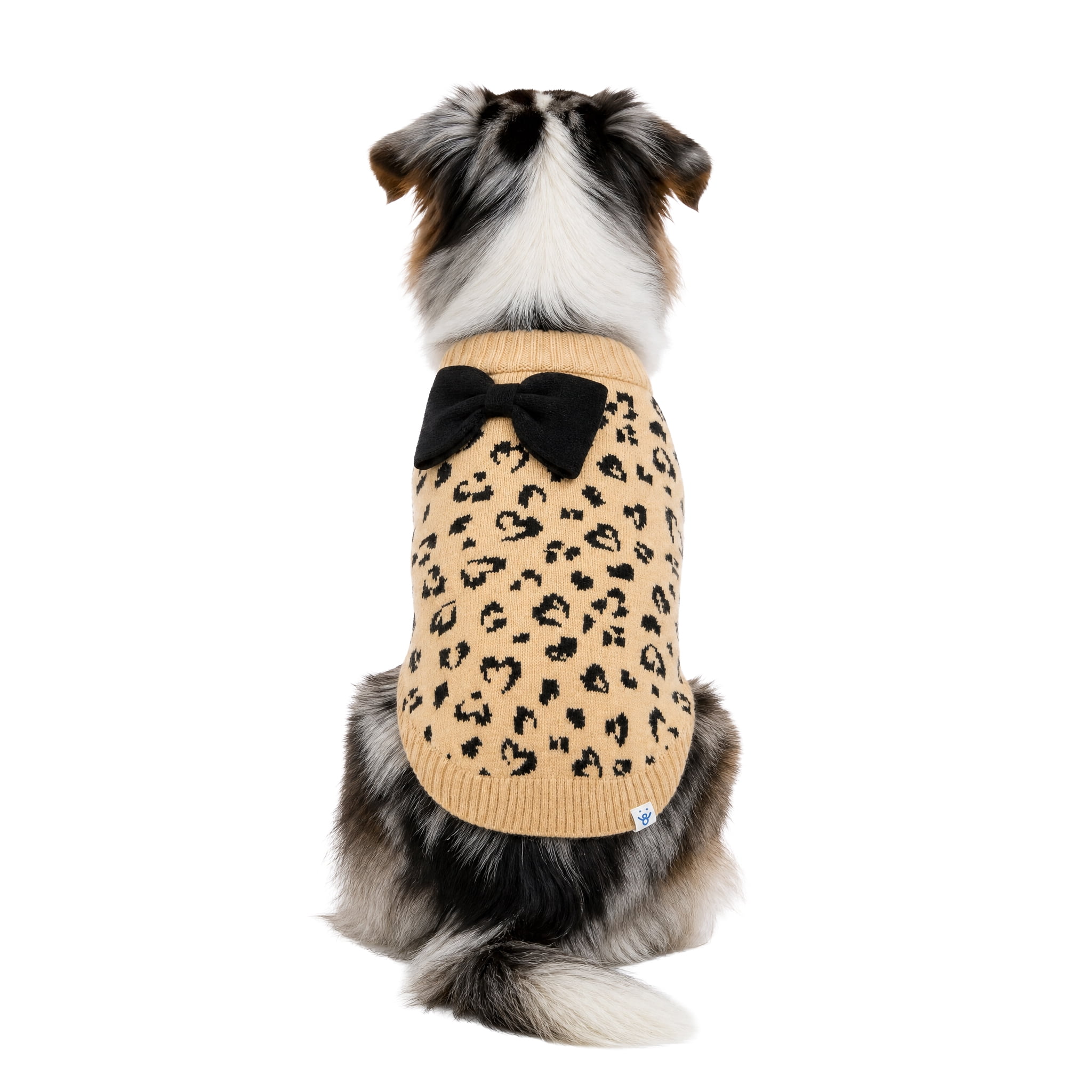 Oodles Leopard Print Bow Fall Dog Sweater, Tan,Large