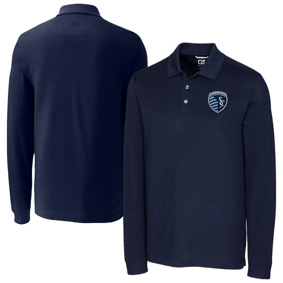 Men's-Cutter & Buck  Navy Sporting Kansas City Big & Tall Advantage Eco Tri-Blend Pique Long Sleeve Polo