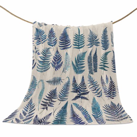 Flannel Fleece Blanket Fern Leaf Super Soft Warm Cozy Throw Blanket Plant Botanical Art Printed Blue Bed Couch Car Blankets for All Season 50" x 60"