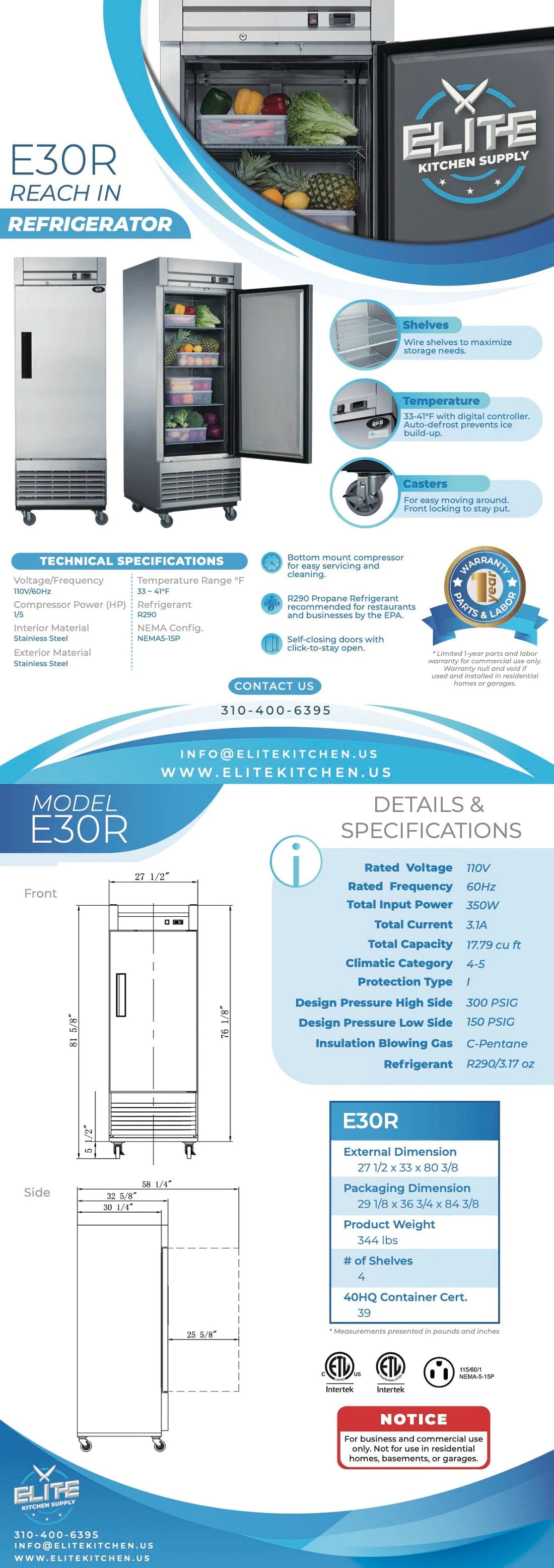 NSF 28 in. Single Door Commercial Refrigeratot 18 Cu.Ft. Solid Door Stainless Steel Reach-In Refrigerator, ETL