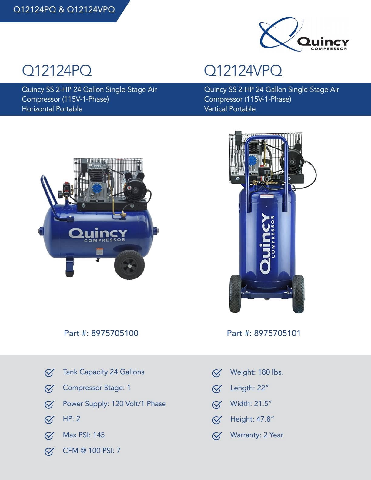 Quincy Q12126VPQ Cast Iron Blue 2 HP 115V 135 PSI 1-Stage Oil-lubricated Air Compressor 26 gal