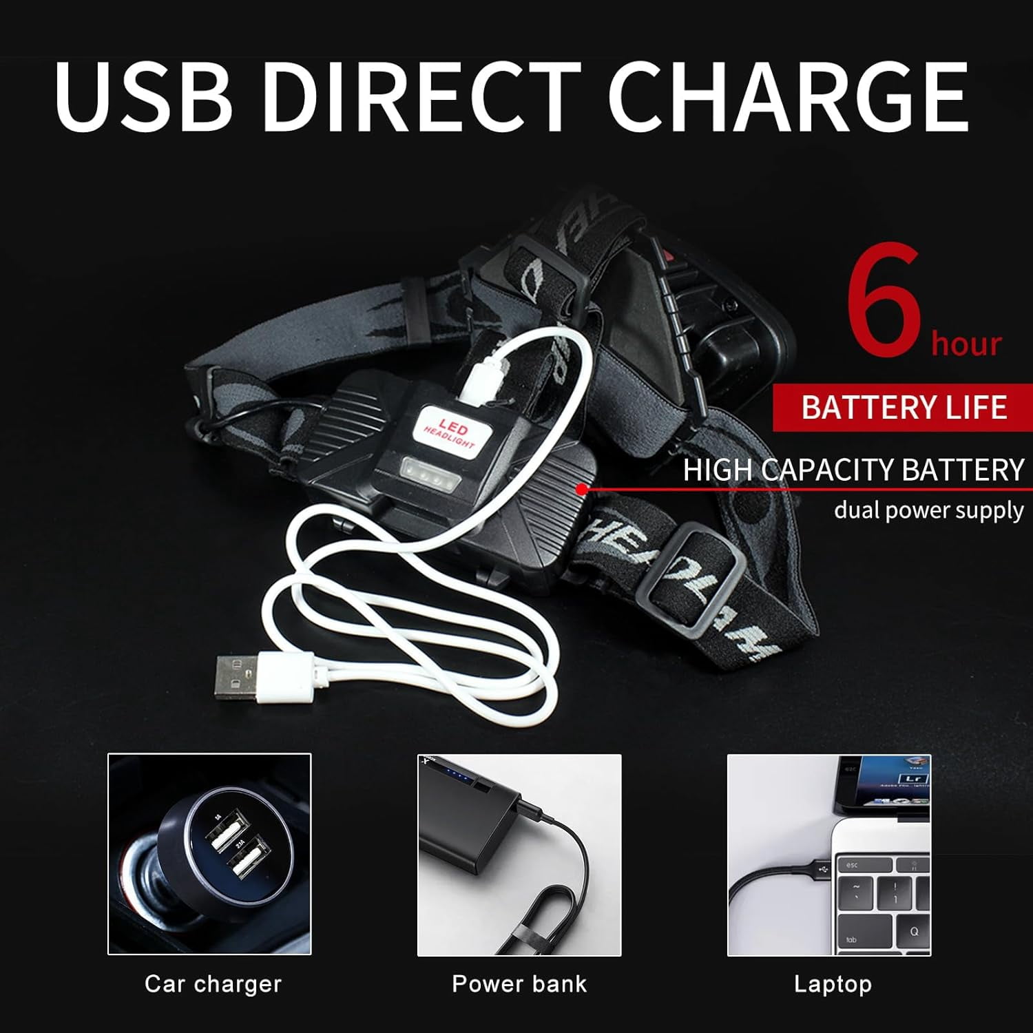 COB Floodlight Headlamp USB Rechargeable with Red Light, 2000 Lumen LED Headlight - Car Maintenance and Night Construction 6-10 Hours Long Battery Life