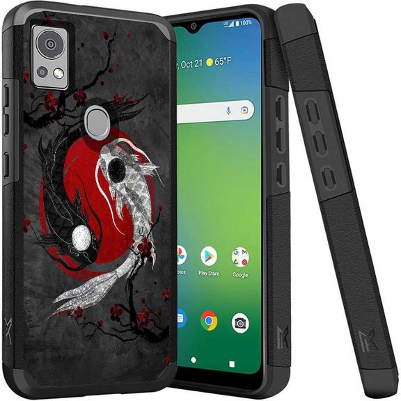 ANJ  Shockproof Dual Layer Slim Hard Case   Tempered Glass Cover Compatible with Icon 5, AT&T Motivate 4 - Ying Yang Koi Fishes