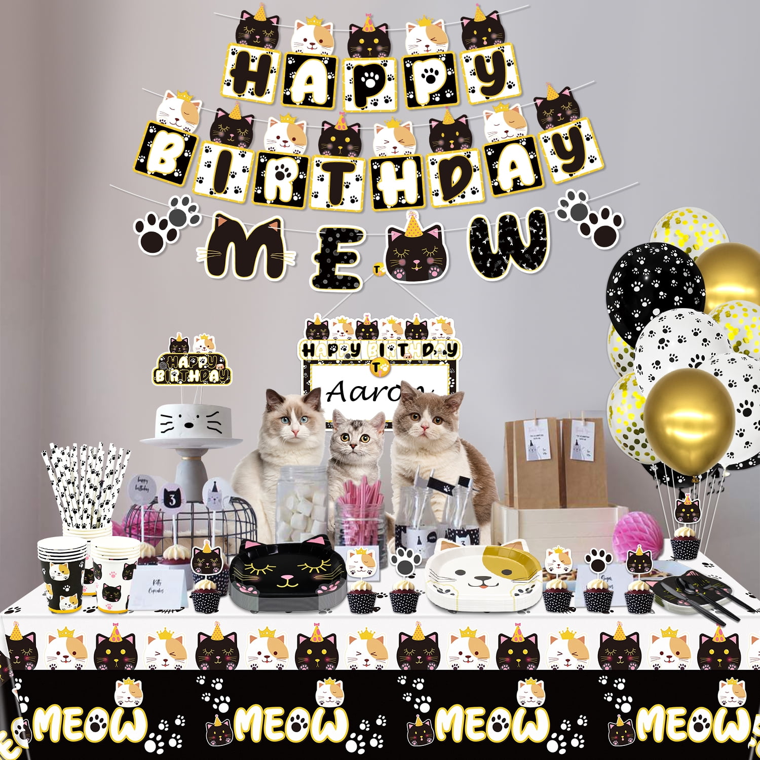 Hegbolke Cat Themed Birthday Party Decoration Kit with Napkins & Balloons, Black & White (222 Count)