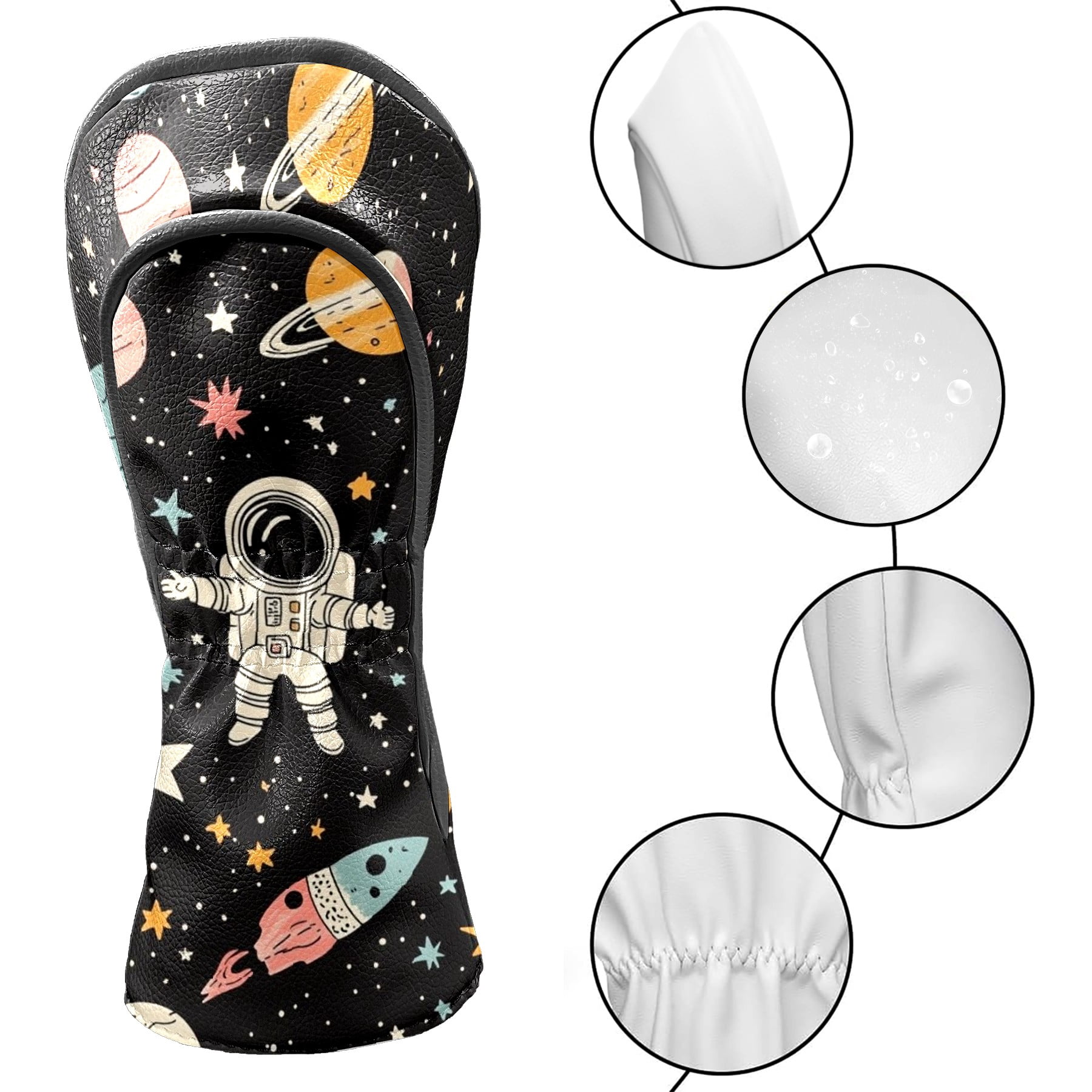 Golf Head Covers Astronaut & Planet Design for Driver, Wood & Hybrid, Premium Waterproof PU Leather with Plush Lining, Space Themed Golf Gifts