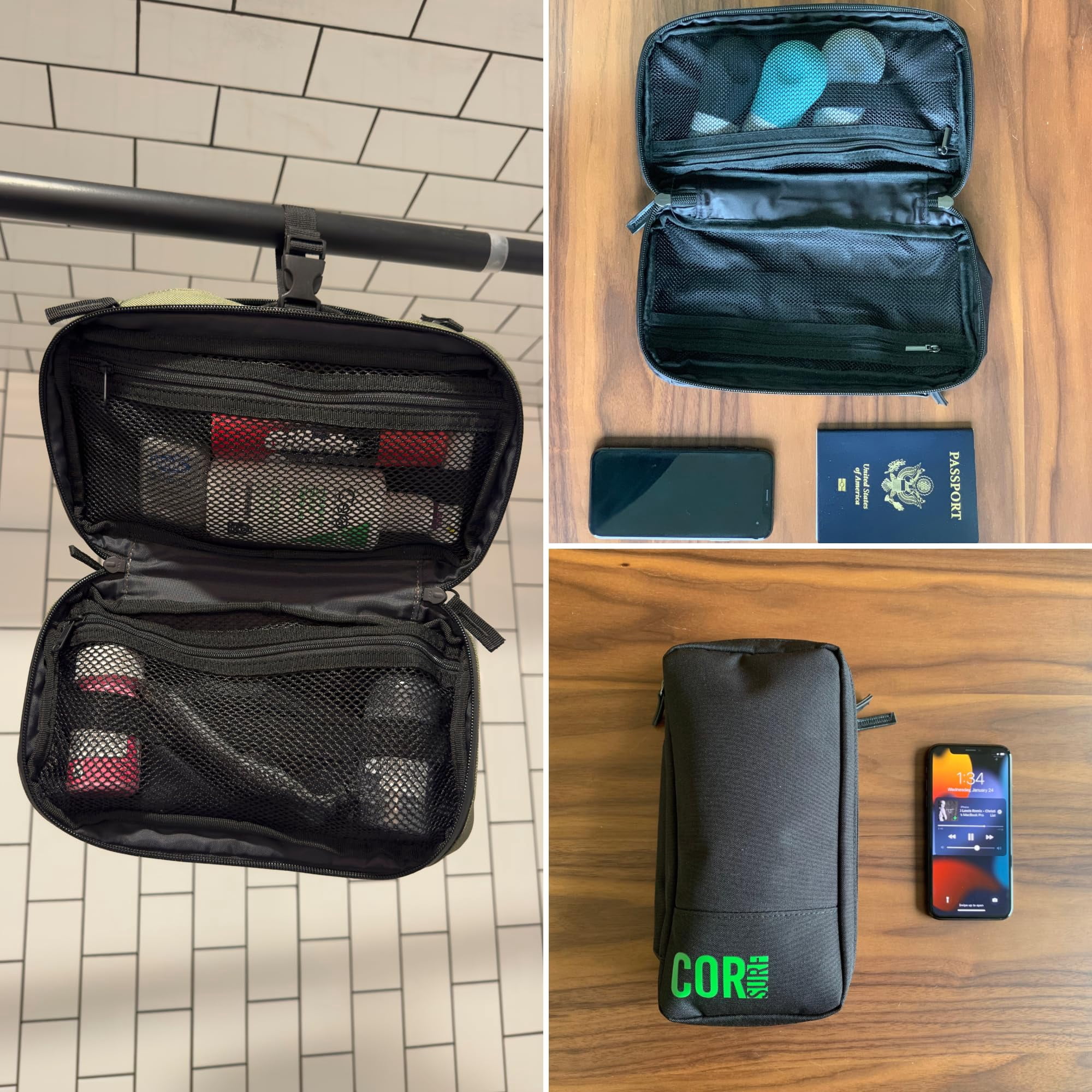 COR Surf Compact Toiletry Travel Bag Hanging, Premium Mens and Women Dopp Kit for Travel | Waterproof with 4 Separate Compartments and Waterproof Zippers (Black)