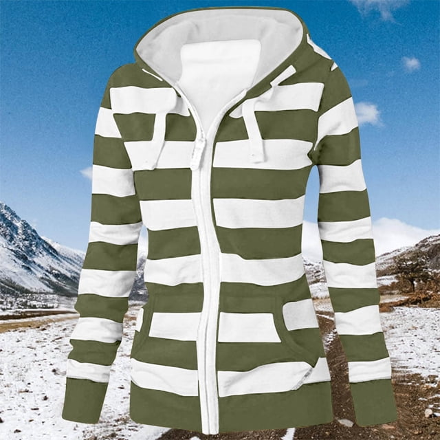 WRKEKC Cardigan à Capuche à Imprimé Rayé, Fermeture Éclair devant, Poches Kangourou, Style de Rue, Confort, Tailles Plus, Vert Armée, P