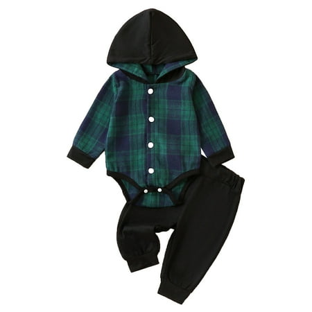 

OAUP 2PCS Newborn Infant Baby Boys Girls Outfit Sets Long Sleeve Plaid Print Hoodie Romper Bodysuit Pants Outfits Clothes Set Winter Casual Trendy Outfit 0-24M