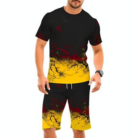 Stylish Two-Piece Athletic Outfit: Abstract Black Yellow & Red Splatters T-Shirt & Shorts Set