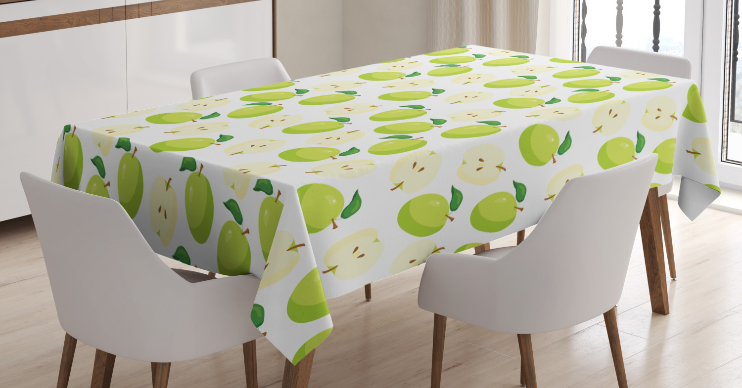 Apple Tablecloth, Cartoon Style Green Fruits Stalks Core and Seeds