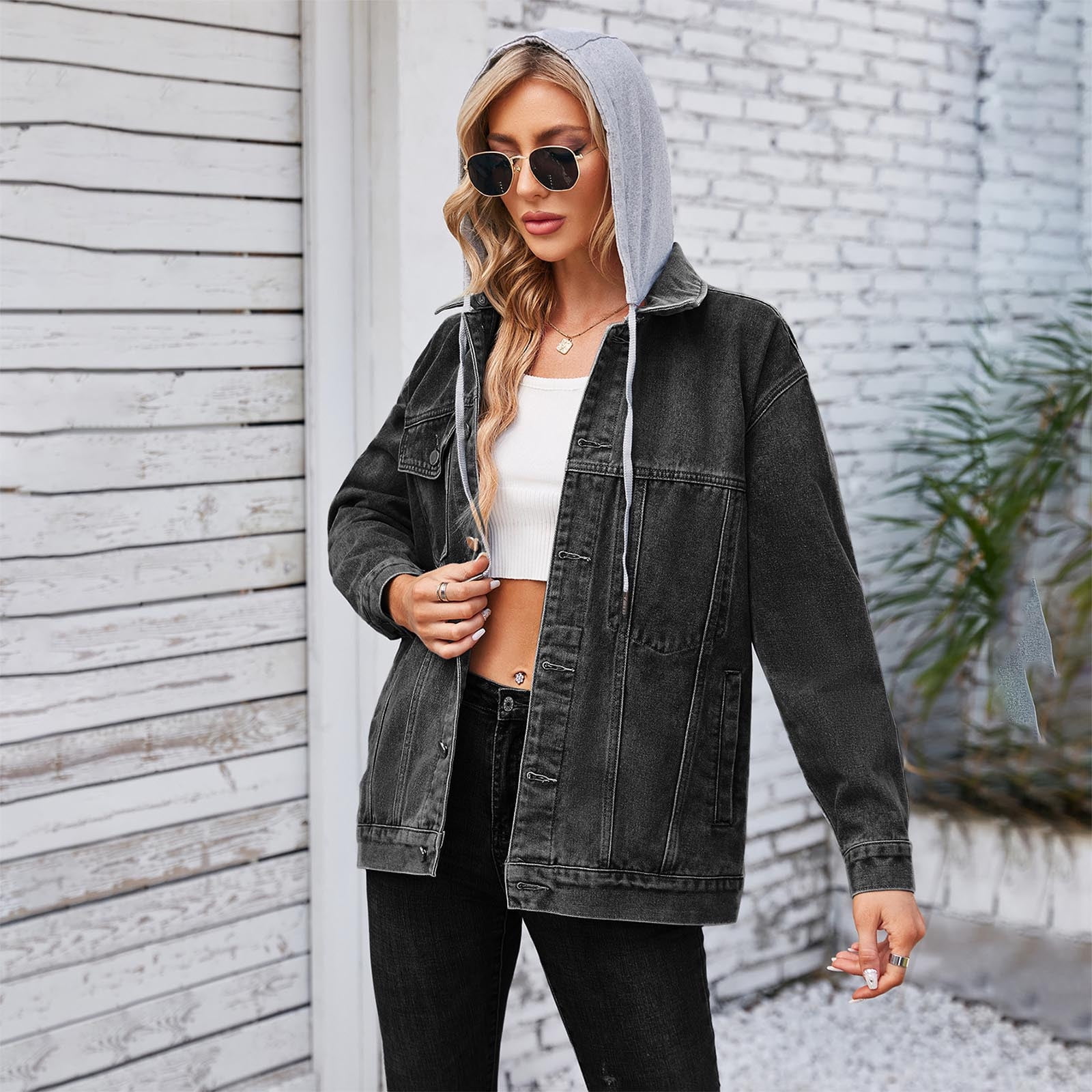 Womens Button Down Top Denim Jacket with Pockets Casual Long