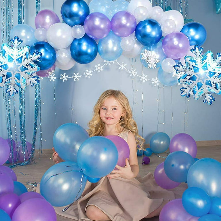 Frozen Balloons Garland Arch Kit-Blue and Purple Balloons Different Sizes  with Fringe Curtain and Snowflake Balloons for Princess Girl Baby Shower