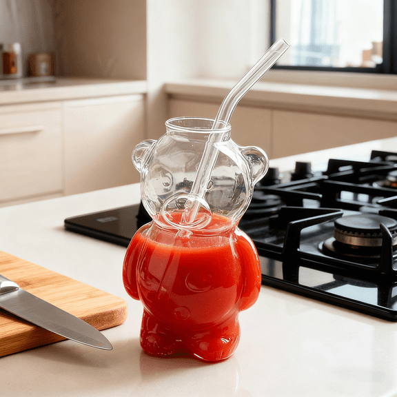 New 2025 Viral Bear Tumbler, 11oz Cute Bear-Shaped Glass Cup with Straw-Lid, for Iced Coffee, Boba, and Holiday Cocktails UKHBMC | Transparent