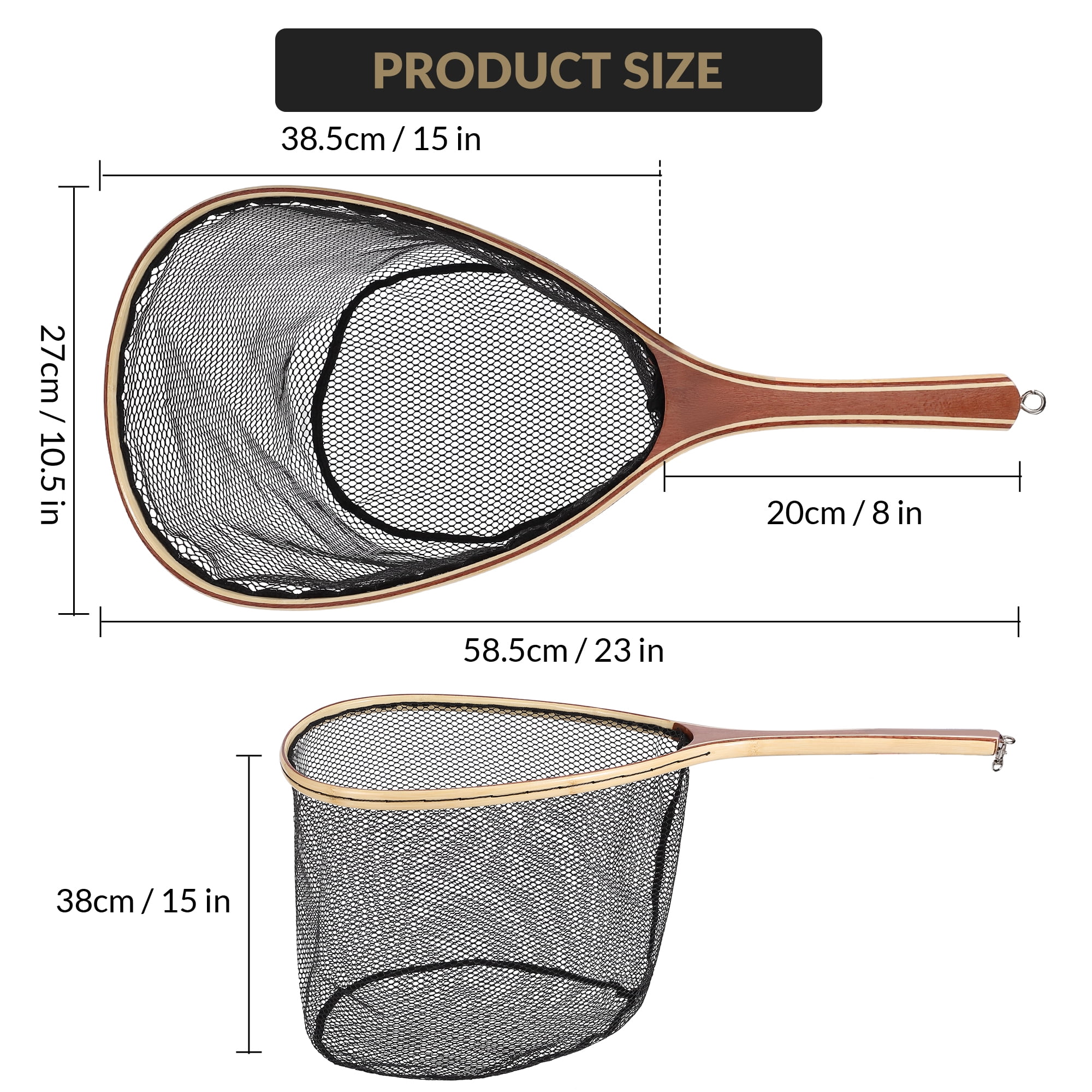 Fly Fishing Net Trout Net, Wooden Frame Landing Net with Soft Rubber Mesh for Catch and Release (Clear Small Holes)