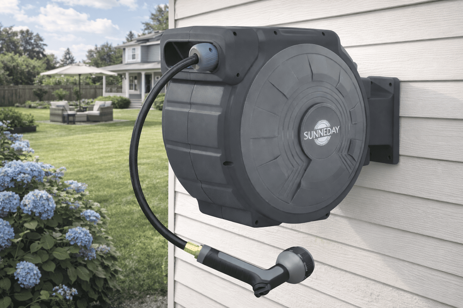 Sunneday 100ft Retractable Hose Reel 5/8 | Automatic Retractable Hose Reel w/Wall Mount | Easy to Assemble Water Hose Reel w/Flexible Swivel Mount | Retractable Garden Hose Reel (100ft.Black/Gray)