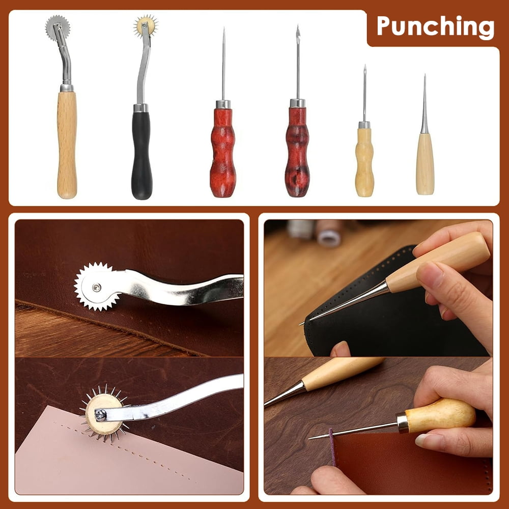 INTELIVE 36 pcs Leather Craft Sewing Kit, Leather Working Tools and Supplies, Leather Tooling Kit with 10 Colors Waxed Thread Awl Prong Punch Groover