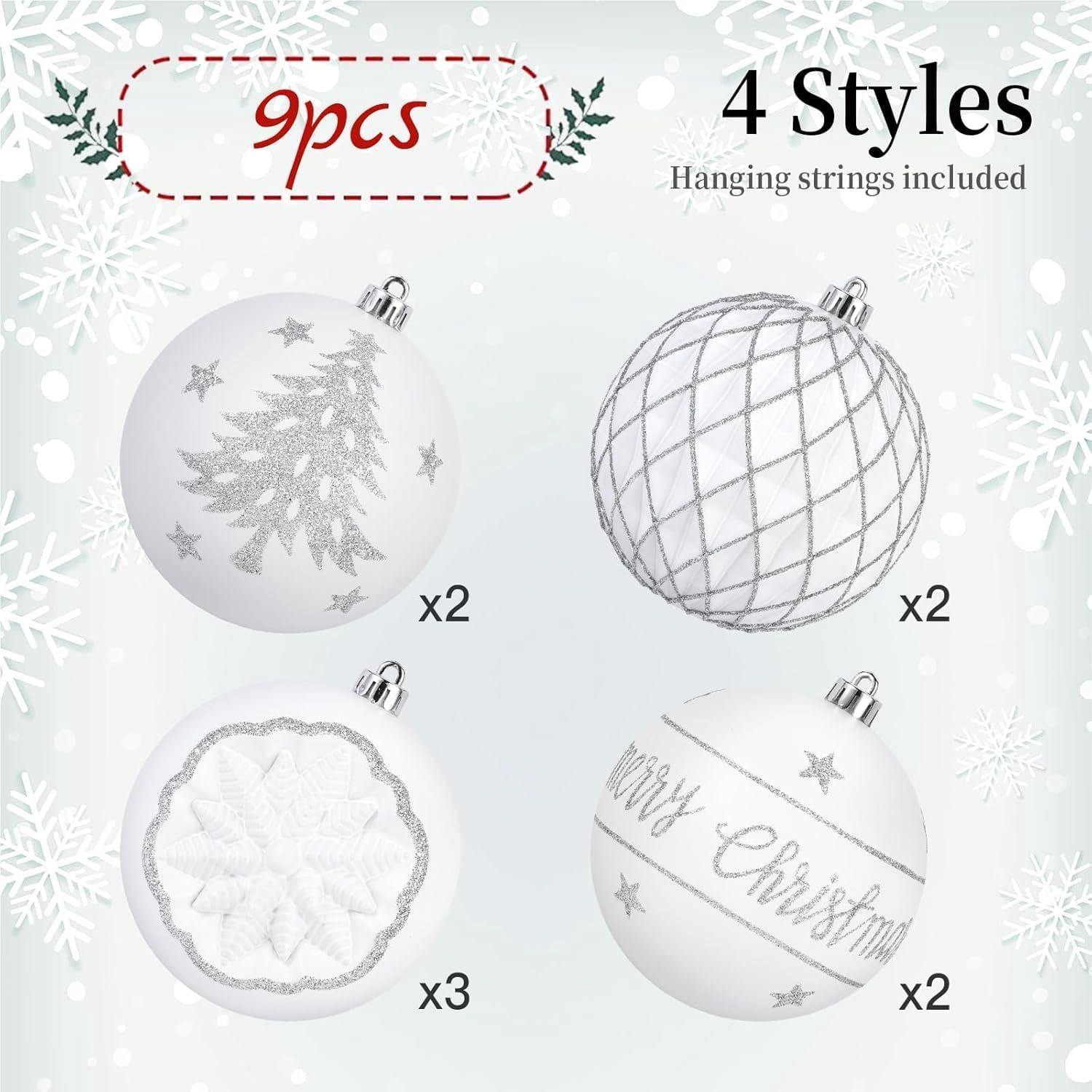 100MM/4 Inch 9PCS Large Christmas Balls Ornaments, Shatterproof Plastic Hanging Big Baubles Set for Xmas Tree Decoration Holiday Party Wedding Decorations with Hook