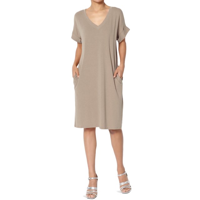 TheMogan Robe T-Shirt à Manches Courtes Col en V avec Poche pour Femmes Grande Taille