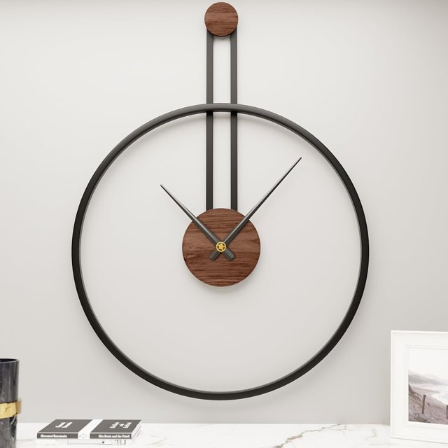 Reloj de pared gigante de metal moderno de gran tamaño de 28,7 x 22 pulgadas, reloj de pared minimalista negro decorativo de gran tamaño con elegante esfera de nogal natural