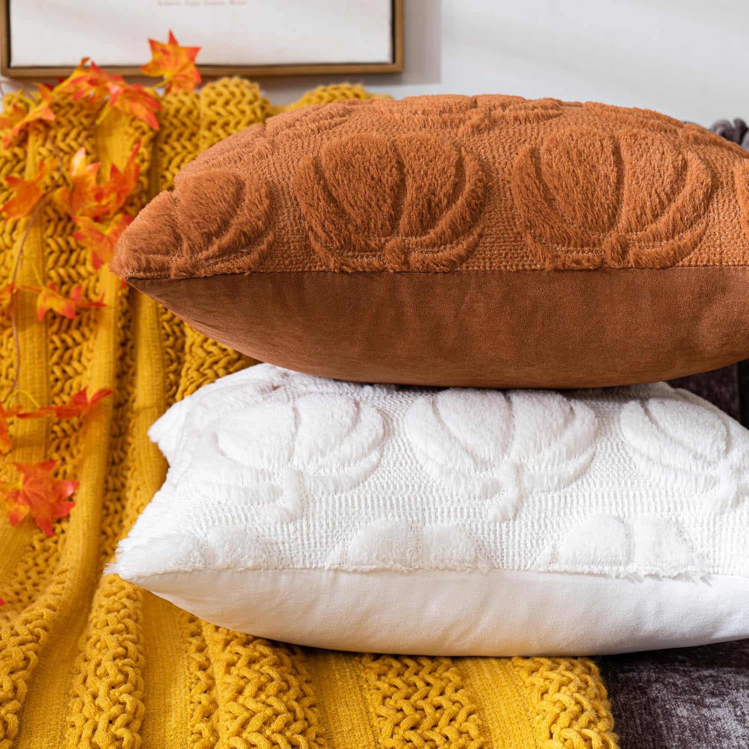 COSIBONO Fall Throw Pillow Covers Set Of 2 - Maple Leaf Faux Fur 12x20 Rust Red Farmhouse Decor - View #9