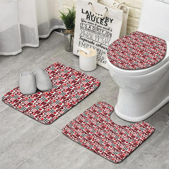 Red and Black Christmas Love Pattern Bathroom Rugs Sets 3 Piece,Toilet Cover Set,Absorbent Non Slip Bathroom Mats Sets with U-Shaped Contour Rug Toilet Rug Set