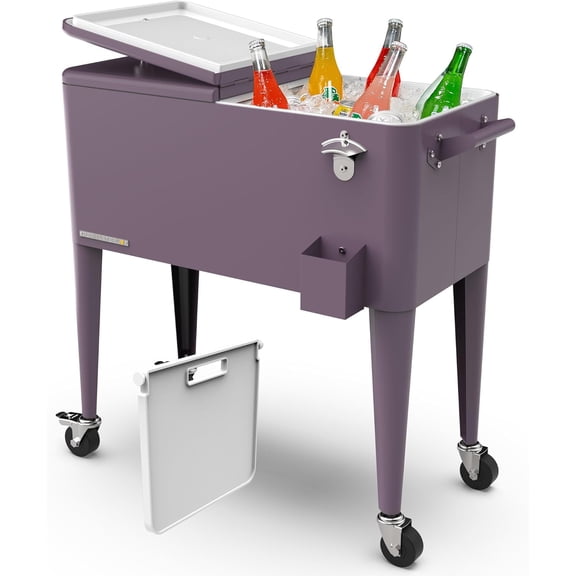 Permasteel Party Cooler with Divider, Spacious 80-Qt Capacity, Chills 36hrs, Serving Tray, Rolling Ice Chest for Indoor and Outdoor Entertainment, Purple