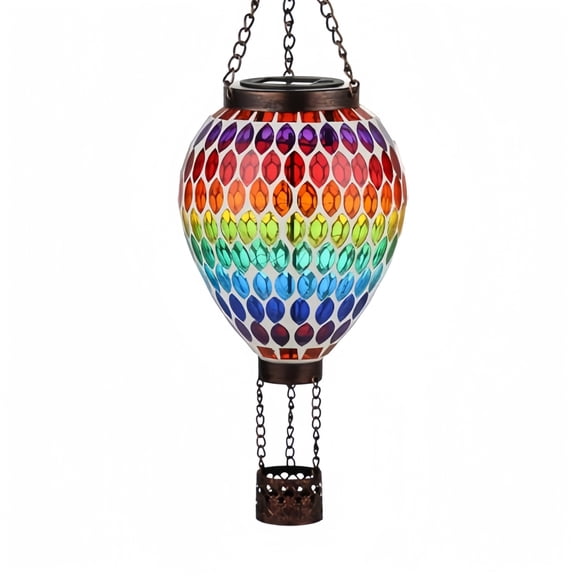 VOREEN Hot Air Balloon Solar Lantern, Handmade Mosaic Solar Outdoor Hanging Wind Light, Waterproof, Patio Festive Decor, Rainbow Pattern