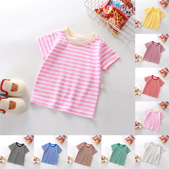 Boys Girls T Shirts Kids Colorful Striped Basic Shirt (Pink 18-24 Months)
