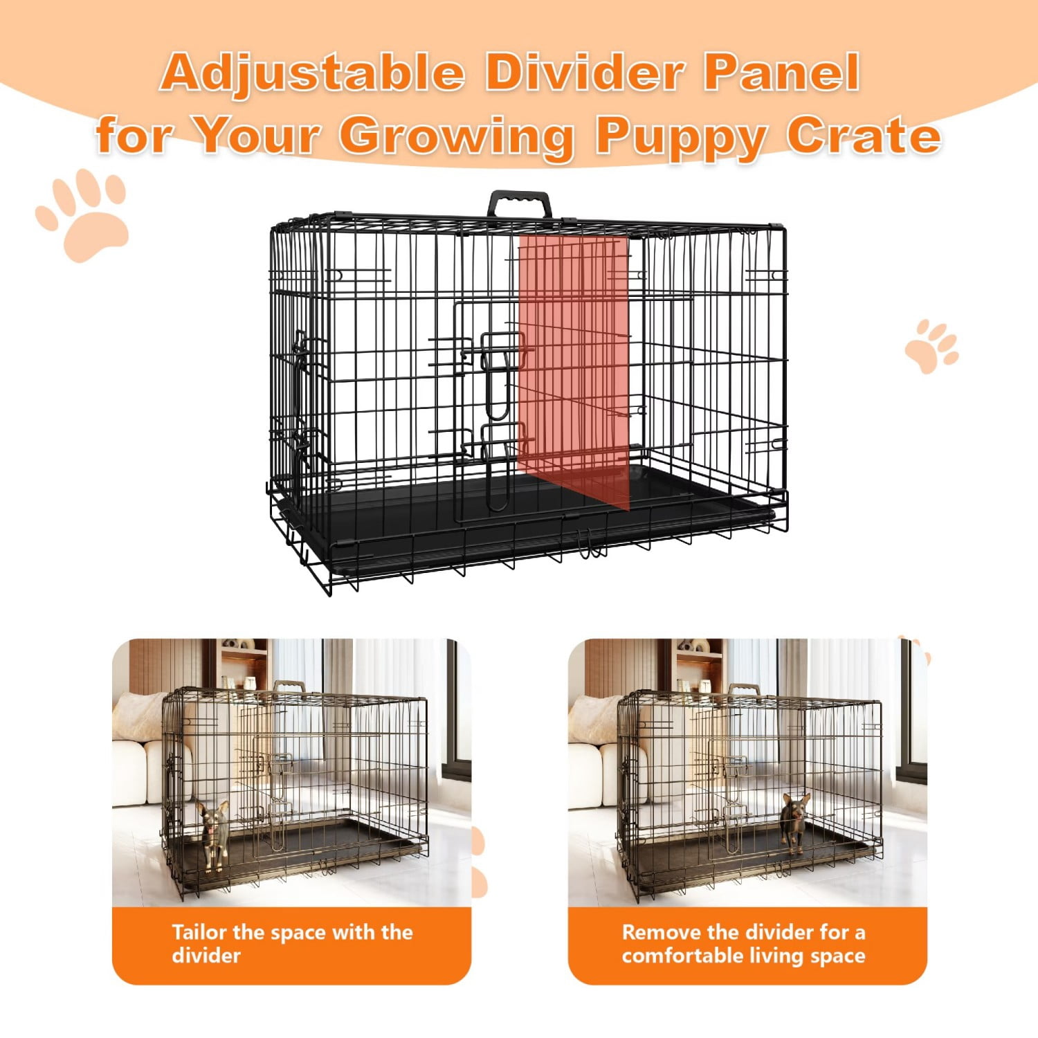 42" Large Dog Crate, Large Folding Metal Wire Dog Cage with Divider & Leak-Proof Tray, Double Door Pet Crate for Indoor Outdoor Travel, Black